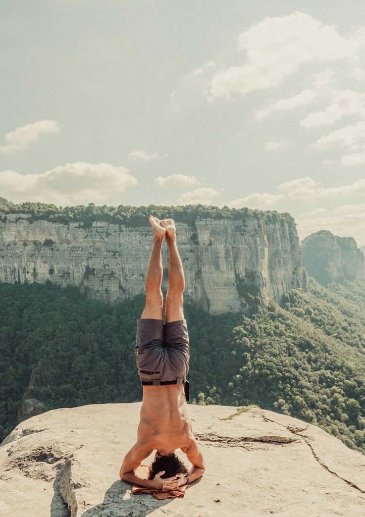 yoga, mountains, headstand, man, nature, exercise